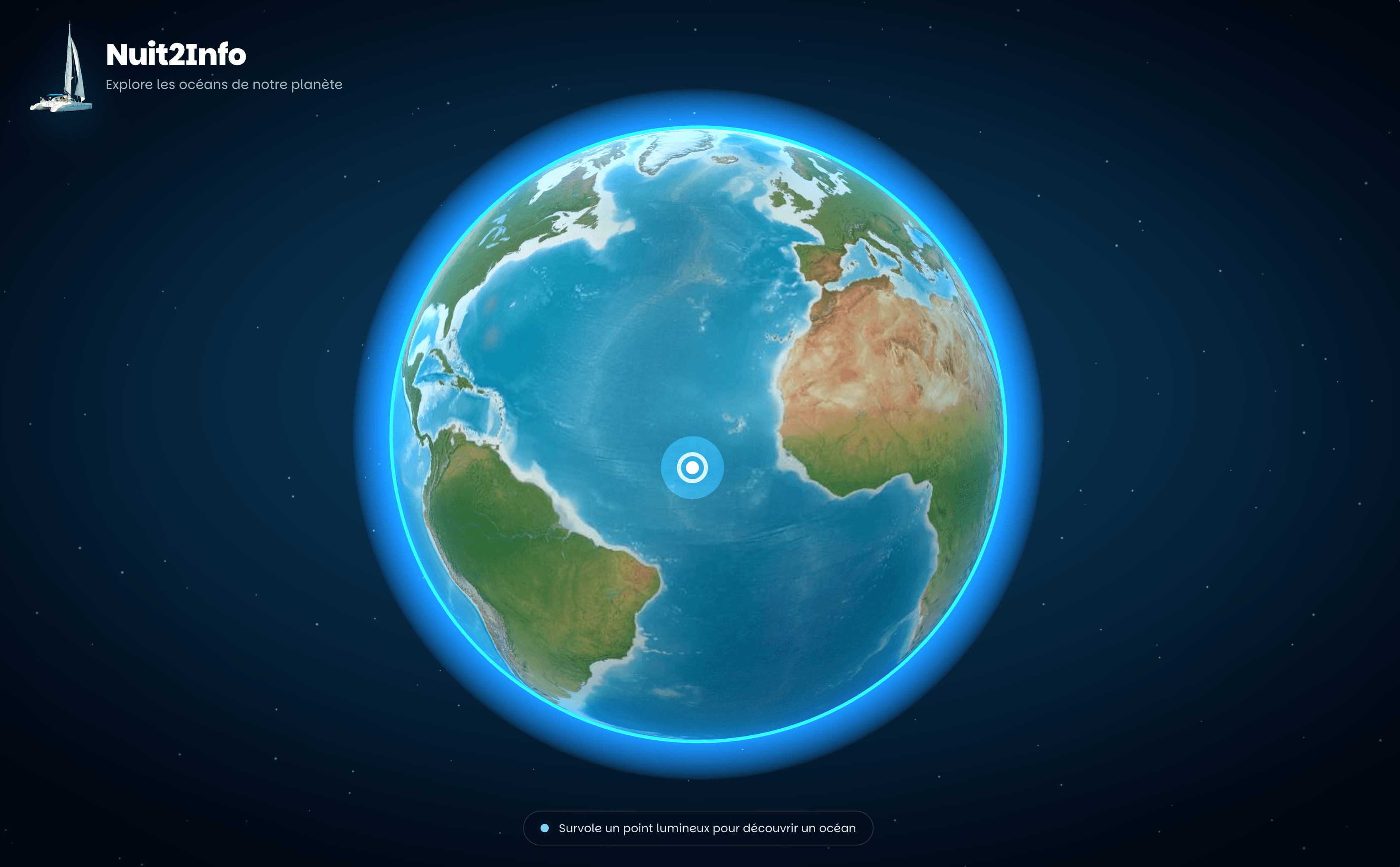 Nautica home page: a 3D Earth globe on a starry background, with a glowing point on the Atlantic Ocean