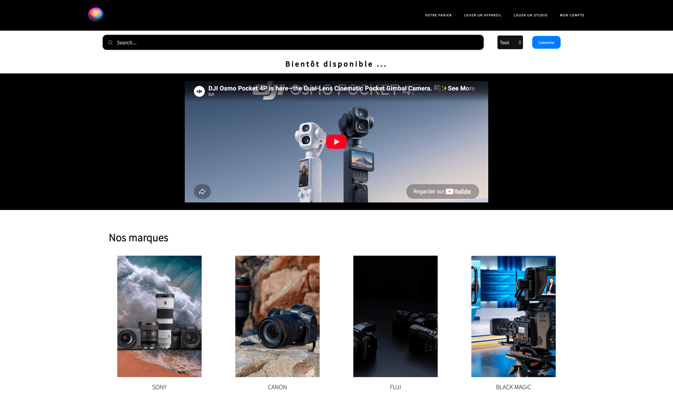 Renta'Cam home page: search bar, featured video and available brands